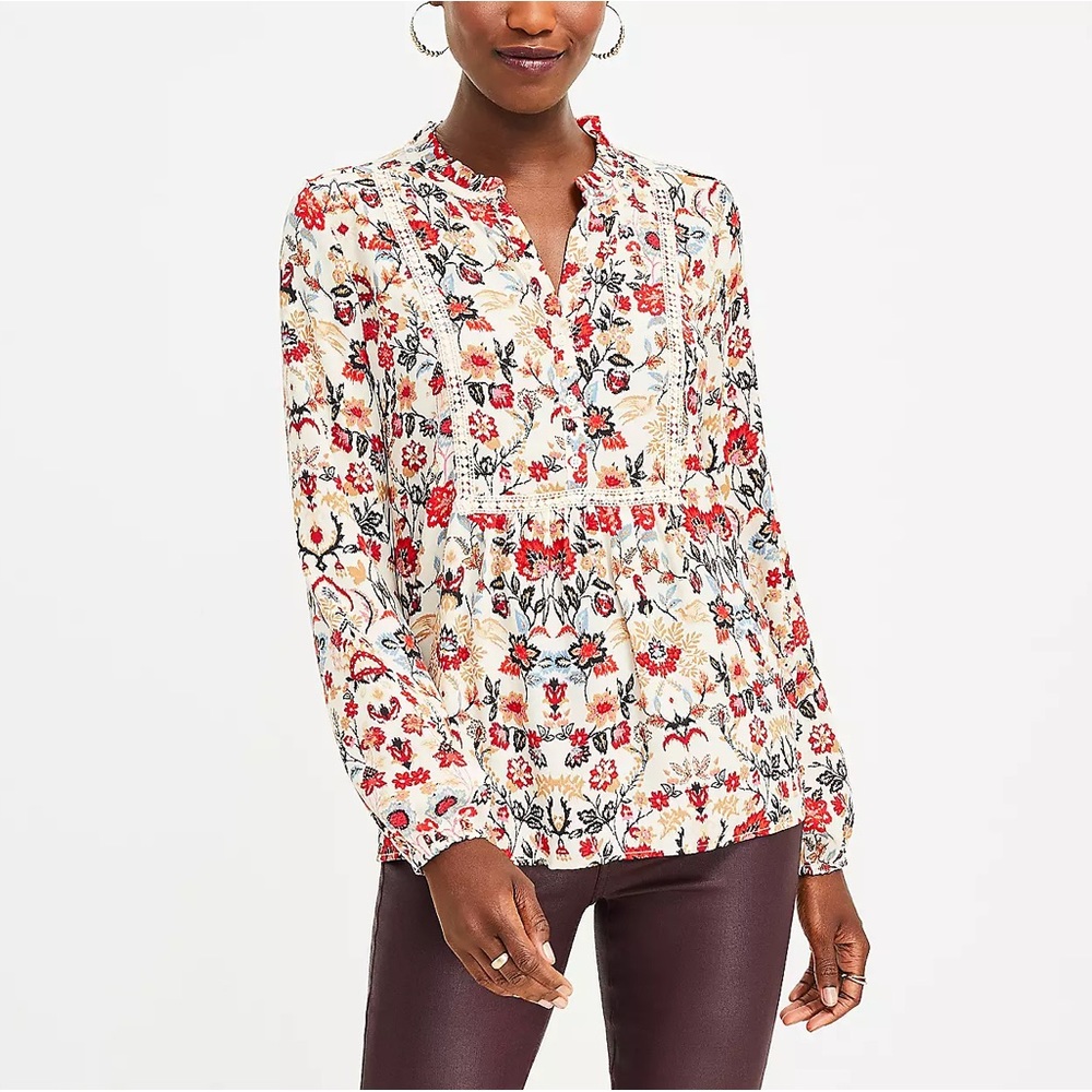 LOFT Forest Lace Trim Mixed Media Blouse